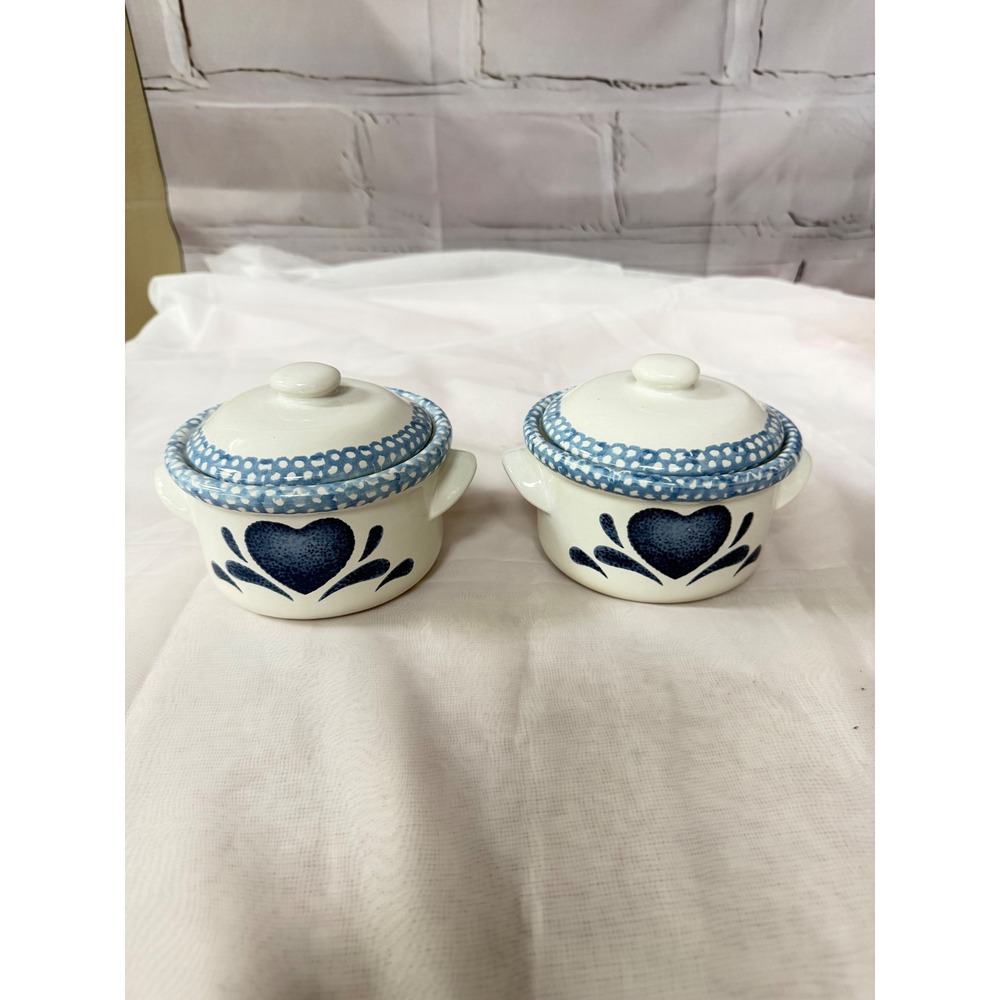 Set of 2 Ceramic Mini Cocottes Blue Heart Pattern Lidded Ramekins Stoneware
